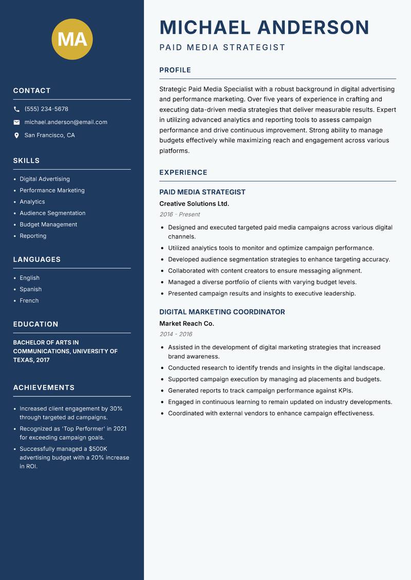 Paid Media Specialist resume template — Classic Clean