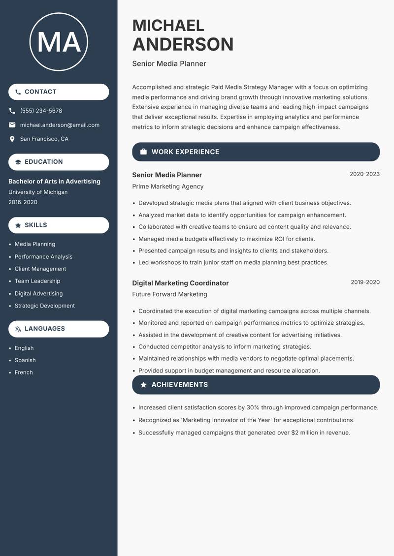 Paid Media Strategy Manager resume template — Compact