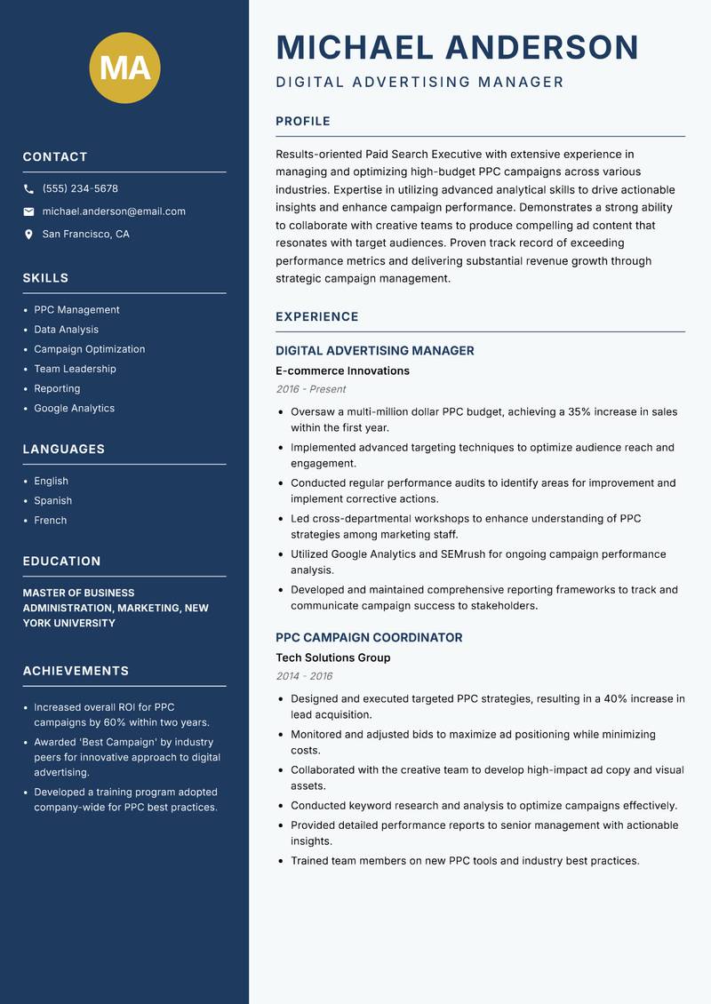 Paid Search Executive resume template — Classic Clean