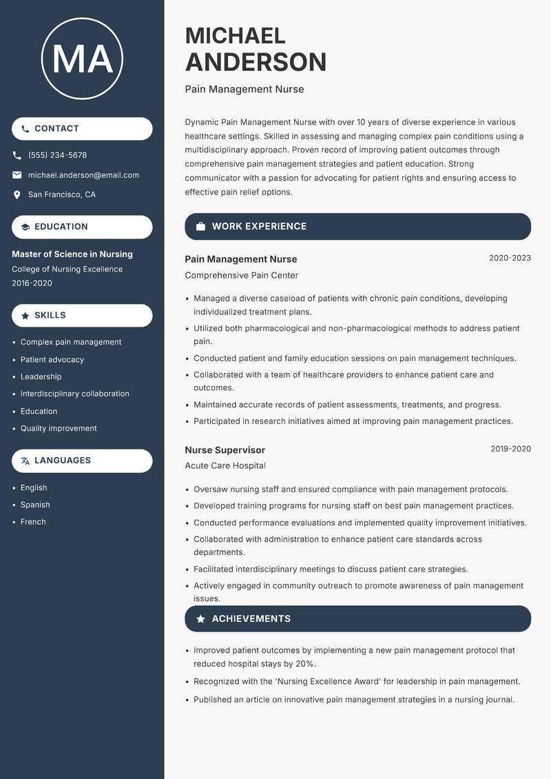 Pain Management Nurse resume template — Compact