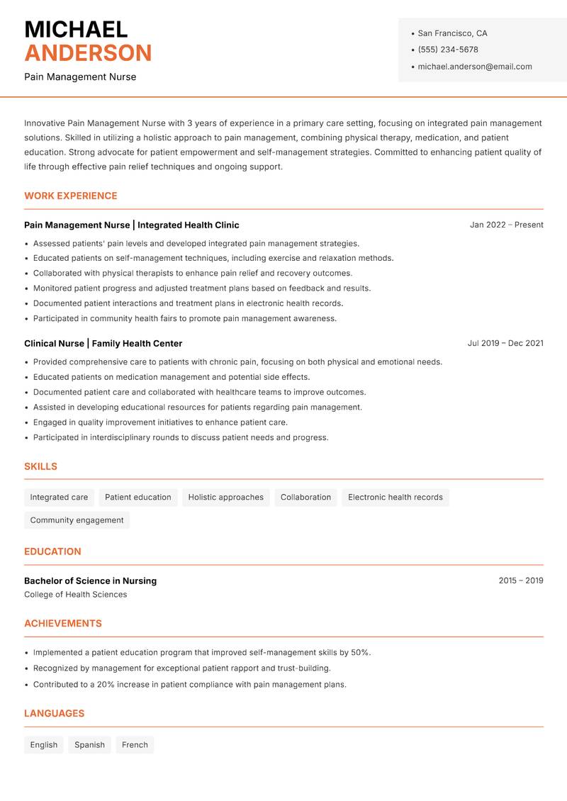 Pain Management Nurse resume template — Modern Professional
