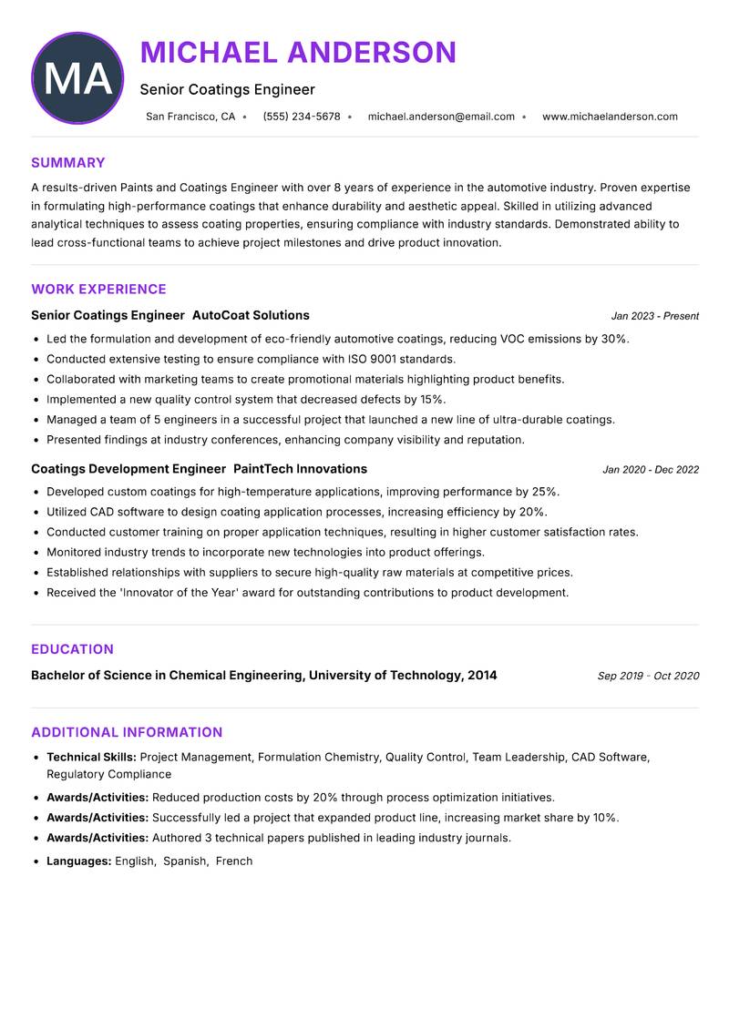 Paints and Coatings Engineer resume example — ATS-friendly template