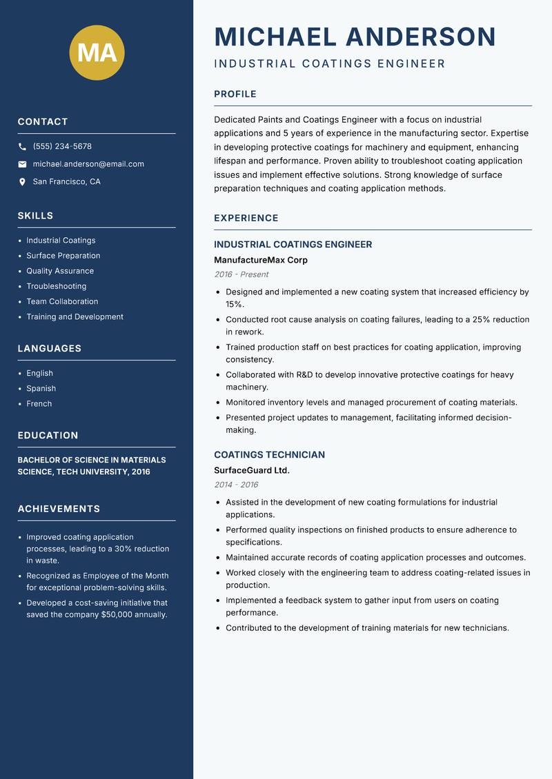 Paints and Coatings Engineer resume template — Classic Clean