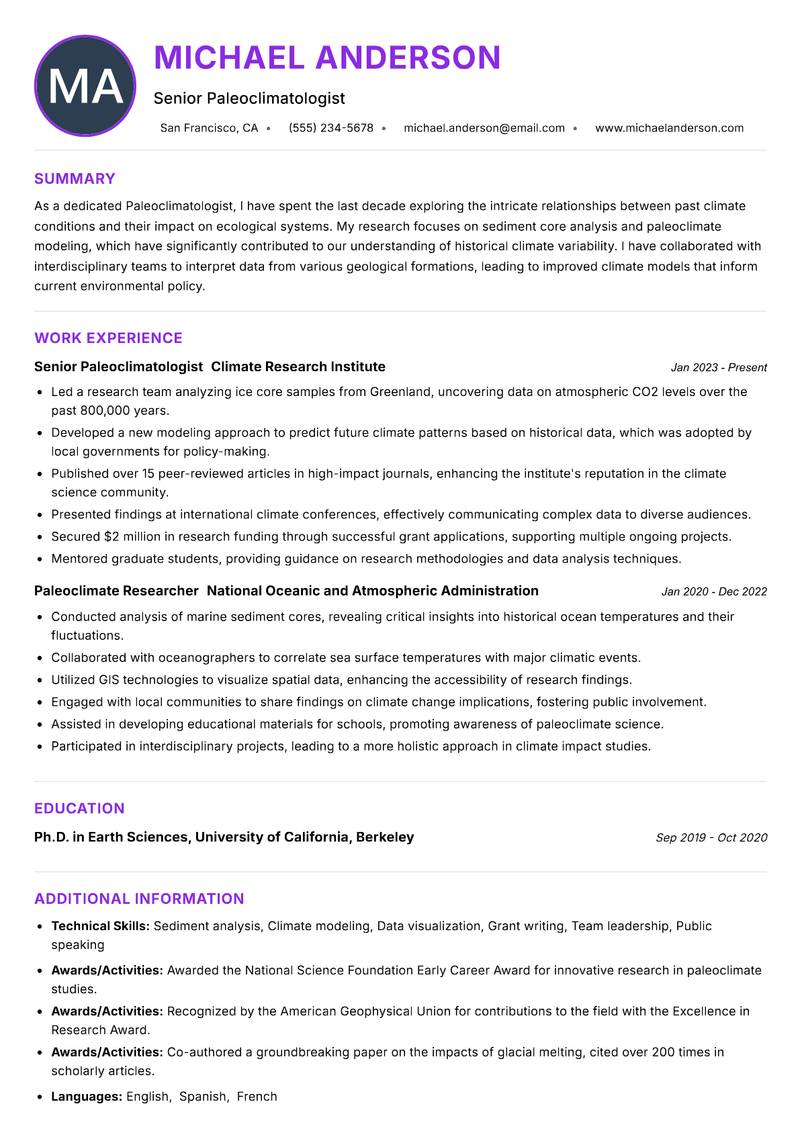 Paleoclimatologist resume example — ATS-friendly template