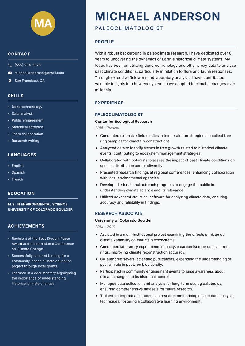 Paleoclimatologist resume template — Classic Clean