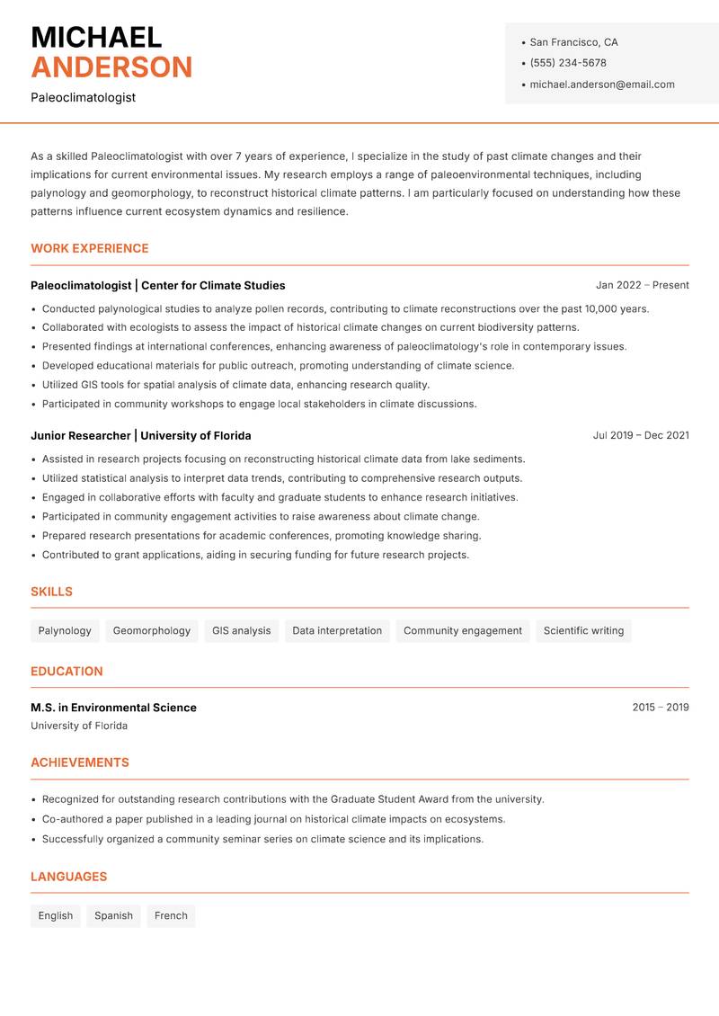 Paleoclimatologist resume template — Modern Professional