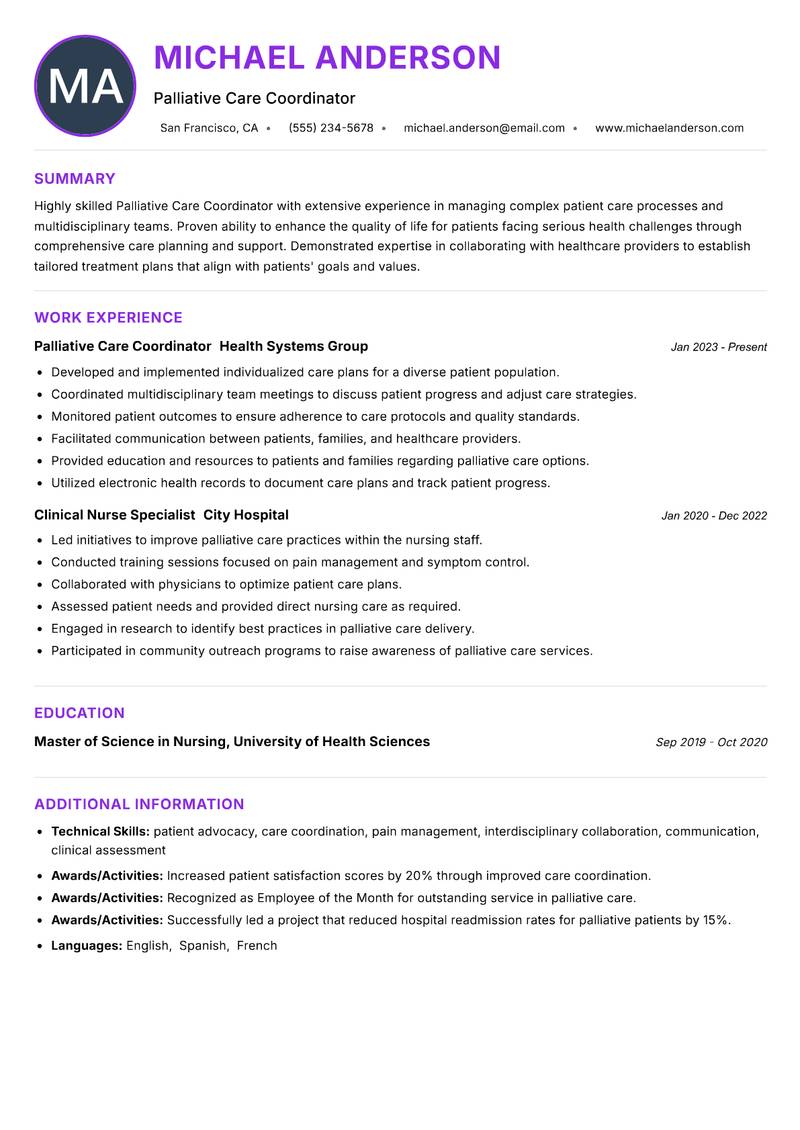 Palliative Care Coordinator resume example — ATS-friendly template