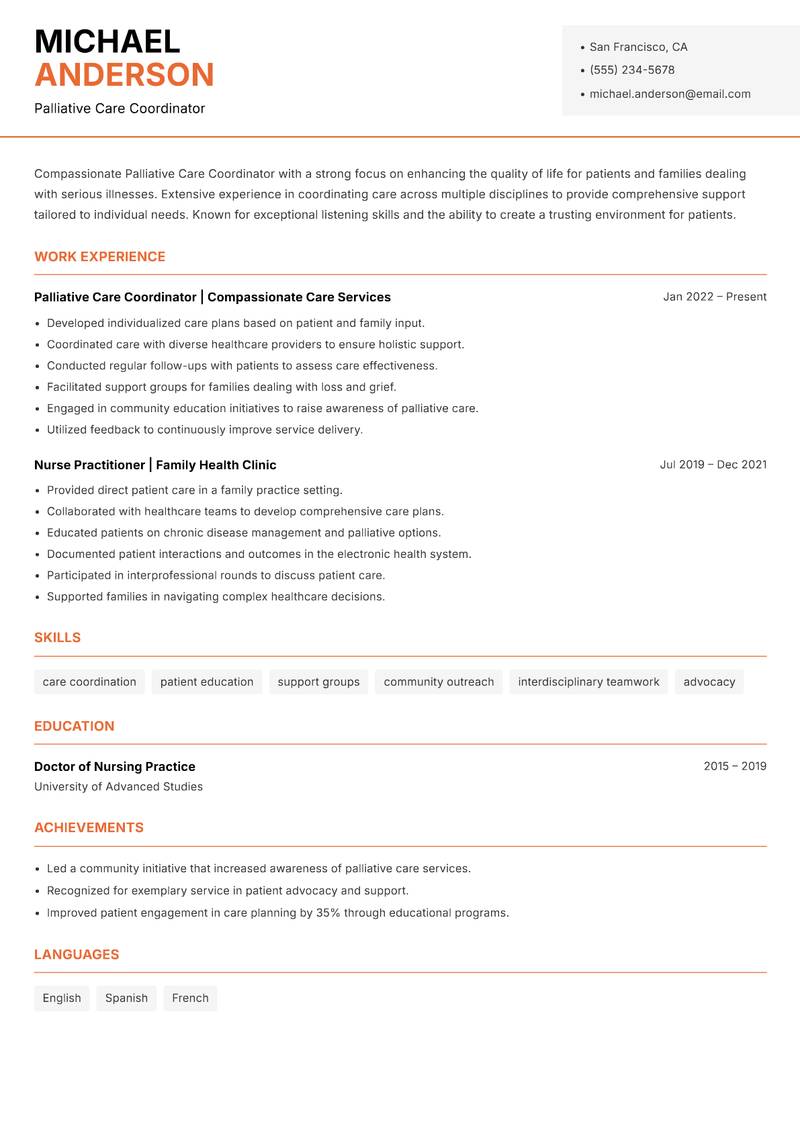 Palliative Care Coordinator resume template — Modern Professional