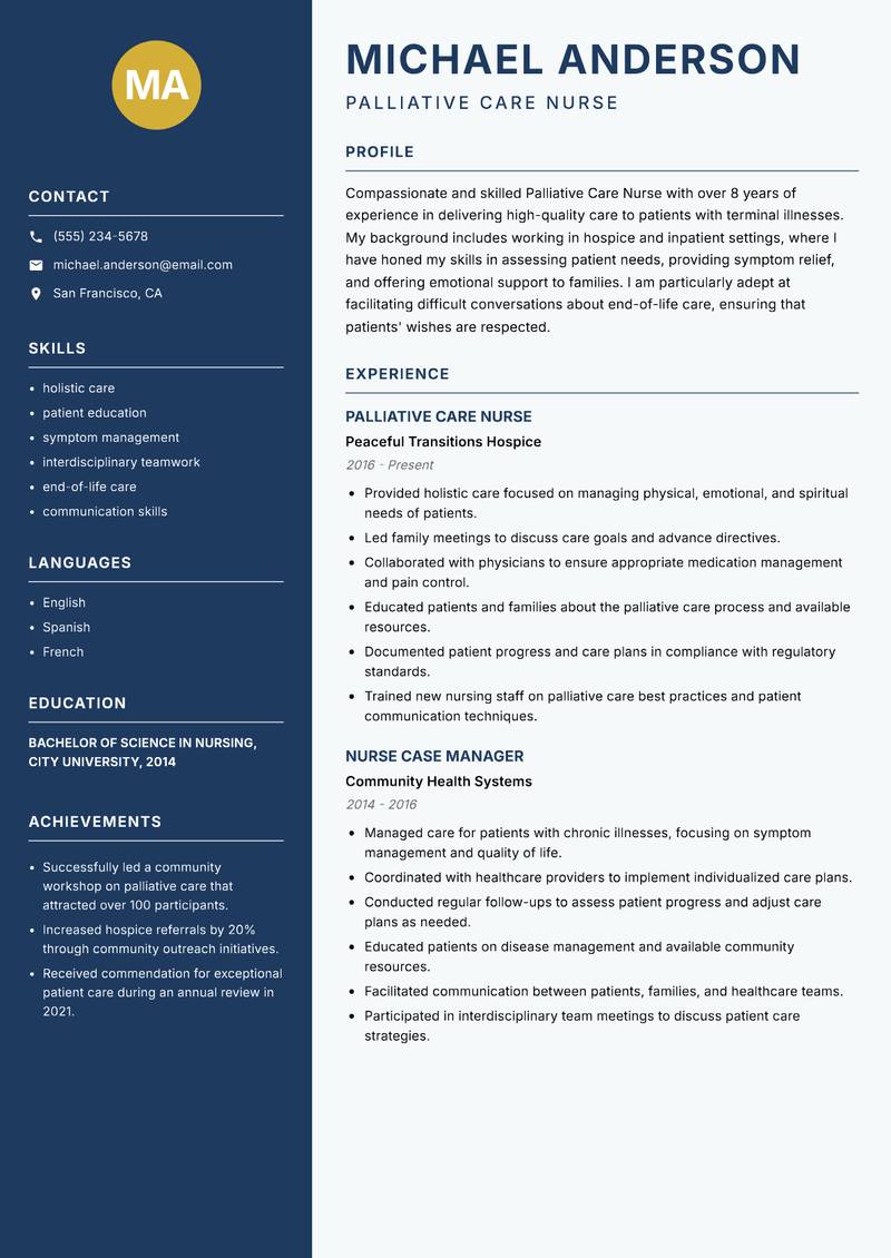 Palliative Care Nurse resume template — Classic Clean