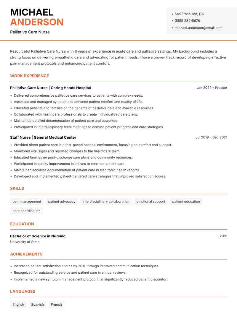 Palliative Care Nurse resume template — Modern Professional