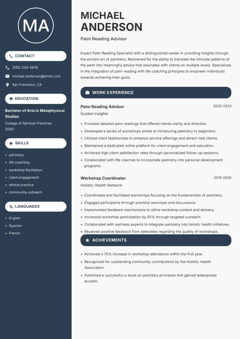 Palm Reading Specialist resume template — Compact