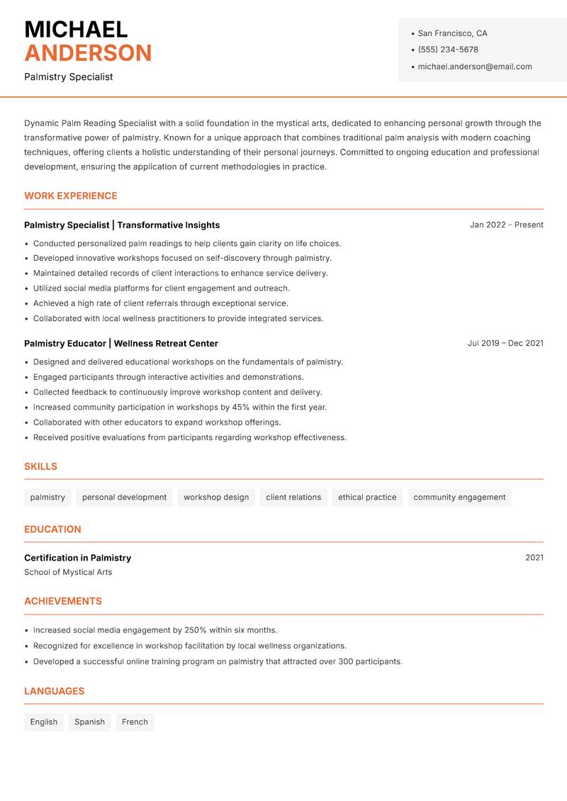 Palm Reading Specialist resume template — Modern Professional