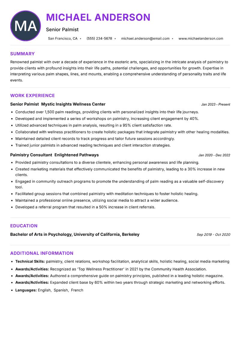 Palmist resume example — ATS-friendly template