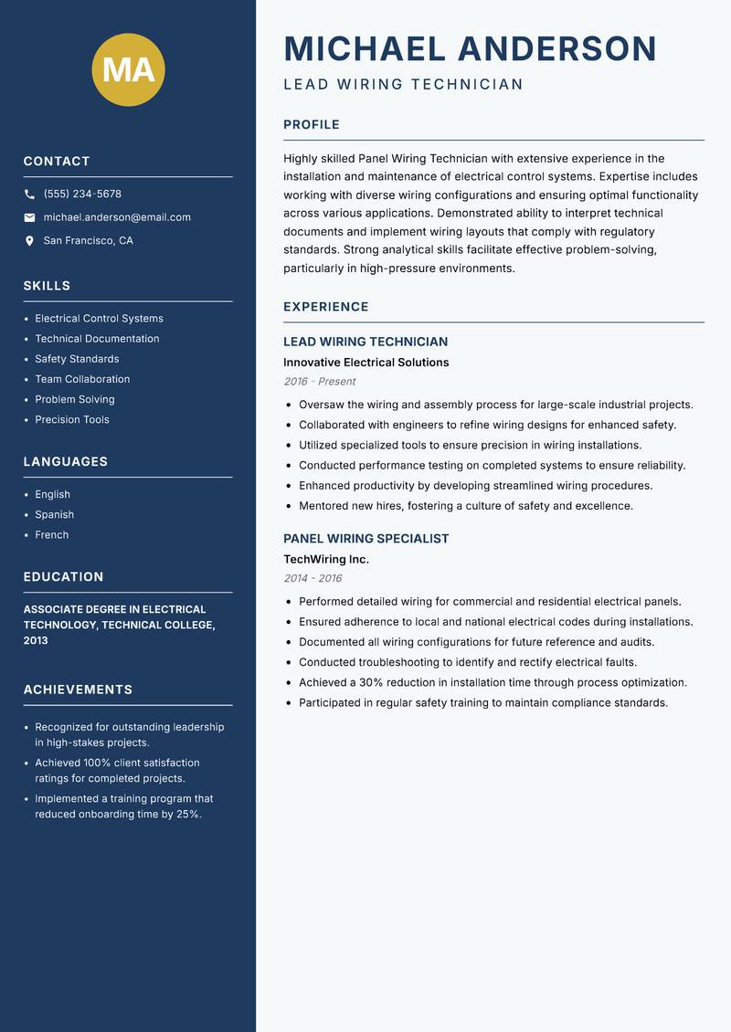 Panel Wiring Technician resume template — Classic Clean