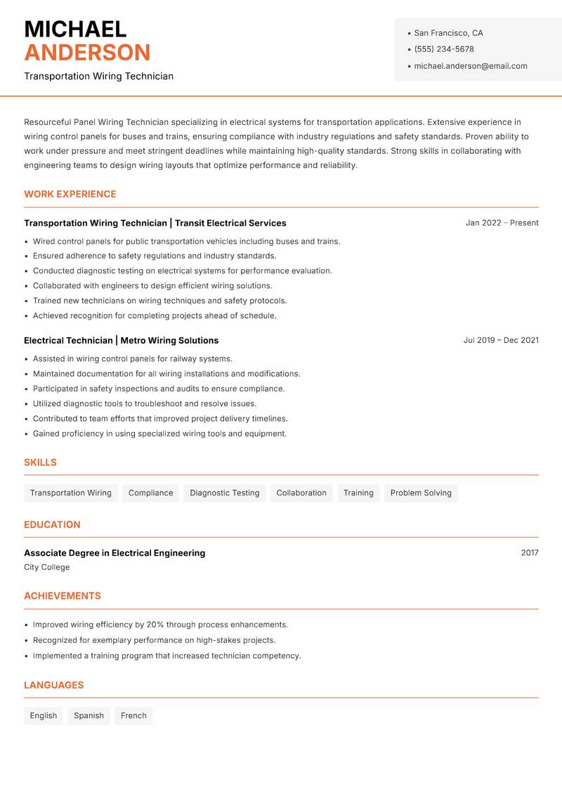 Panel Wiring Technician resume template — Modern Professional