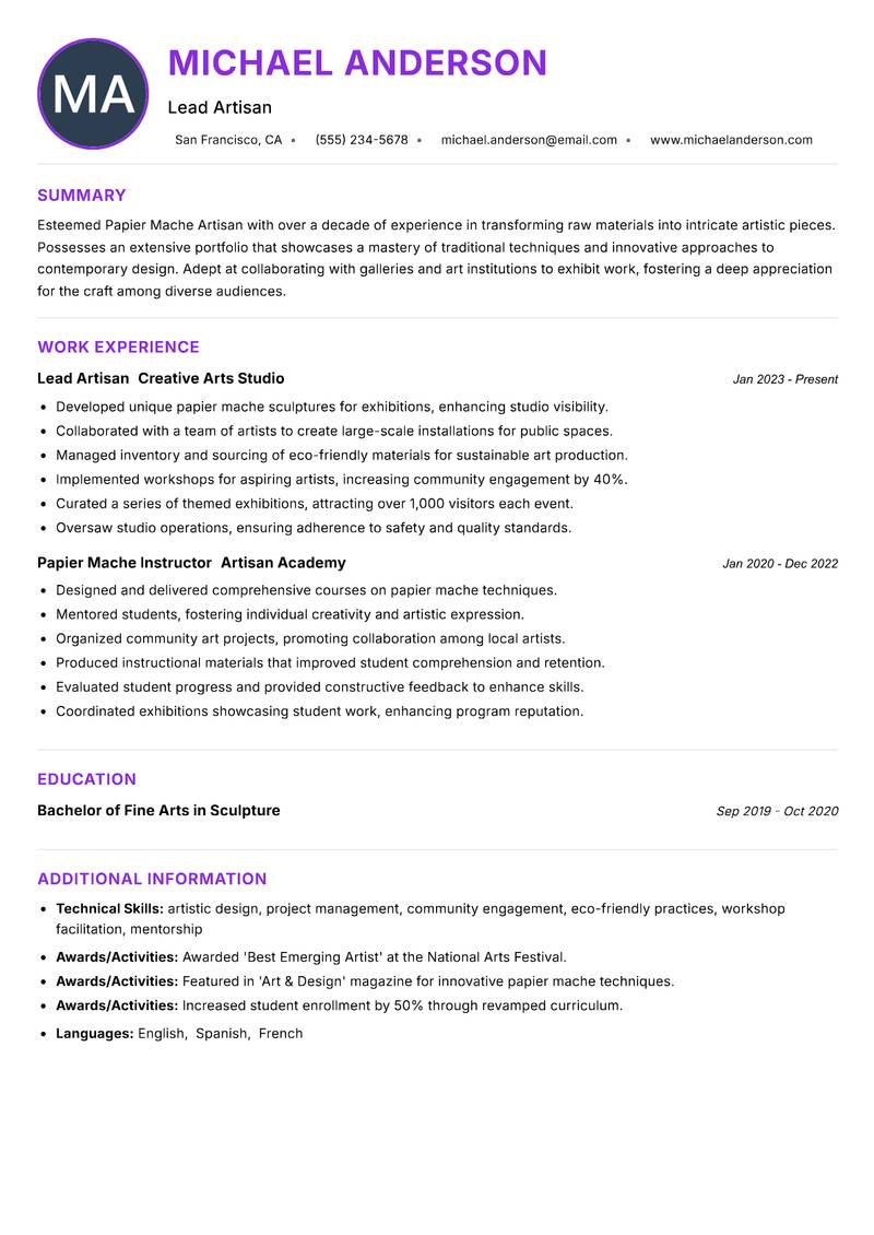 Papier Mache Artisan resume example — ATS-friendly template