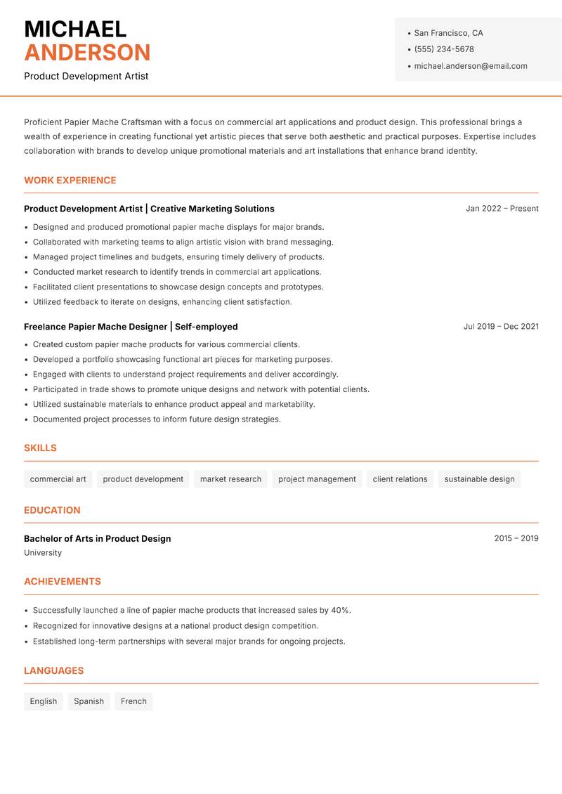 Papier Mache Artisan resume template — Modern Professional