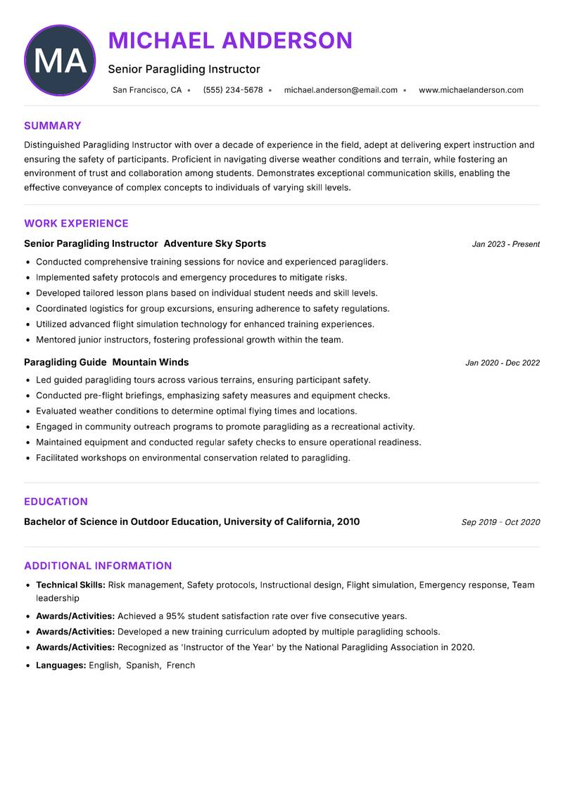 Paragliding Instructor resume example — ATS-friendly template