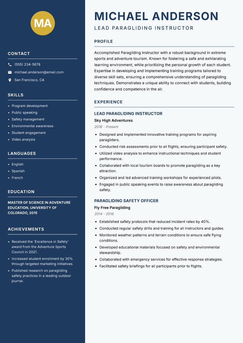 Paragliding Instructor resume template — Classic Clean