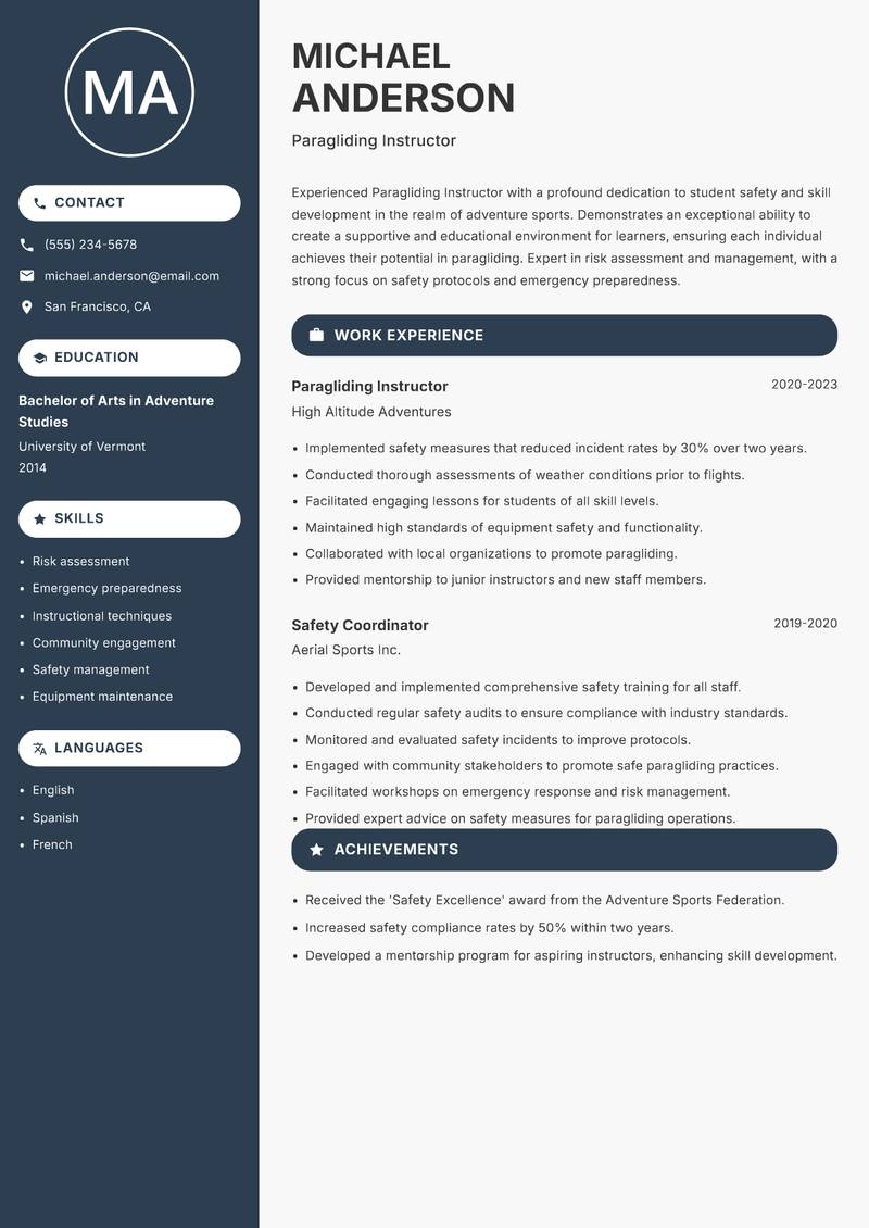 Paragliding Instructor resume template — Compact