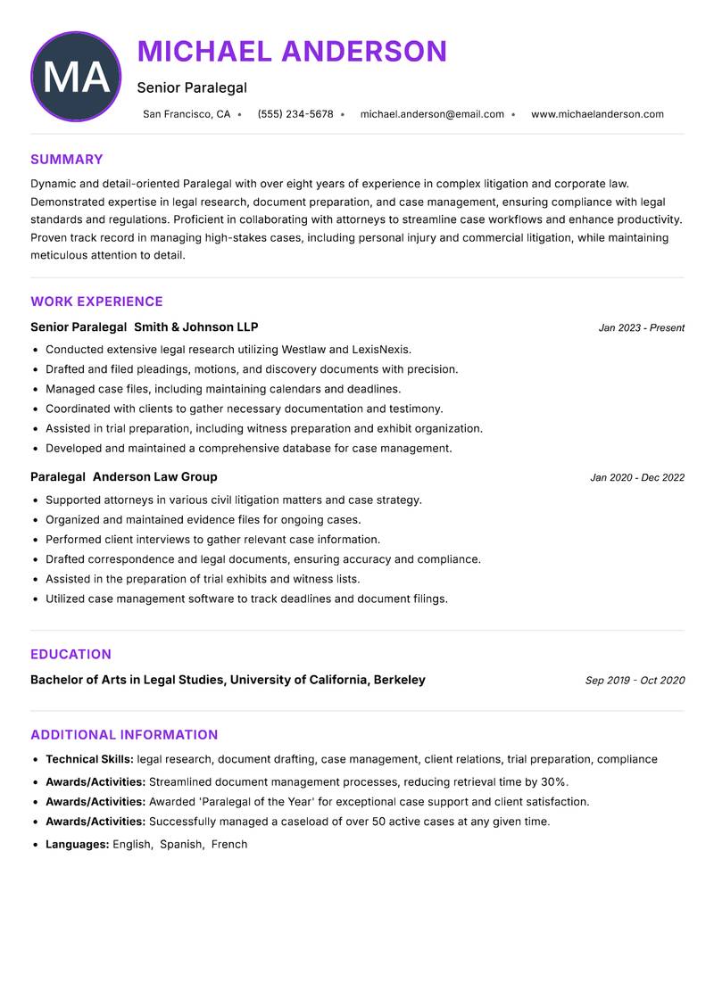 Paralegal resume example — ATS-friendly template