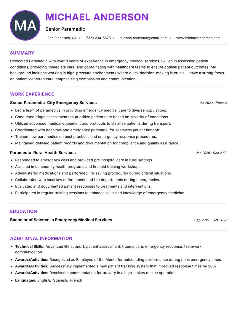 Paramedic resume example — ATS-friendly template
