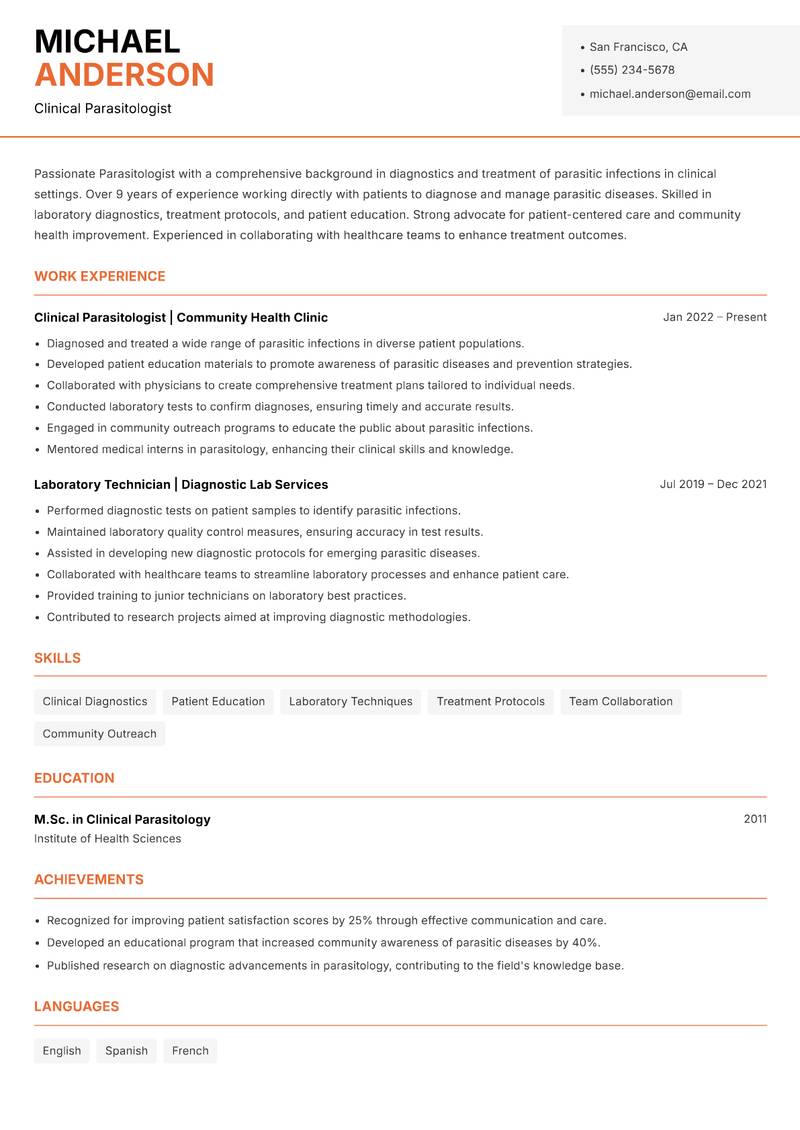 Parasitologist resume template — Modern Professional