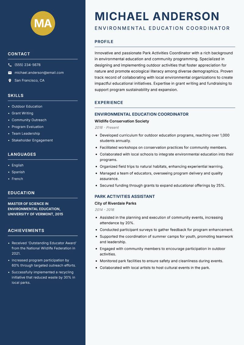 Park Activities Coordinator resume template — Classic Clean