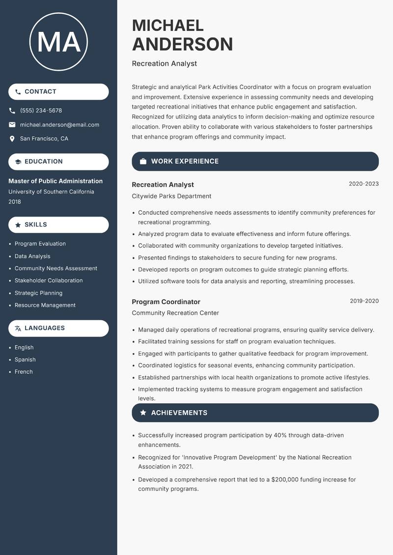 Park Activities Coordinator resume template — Compact
