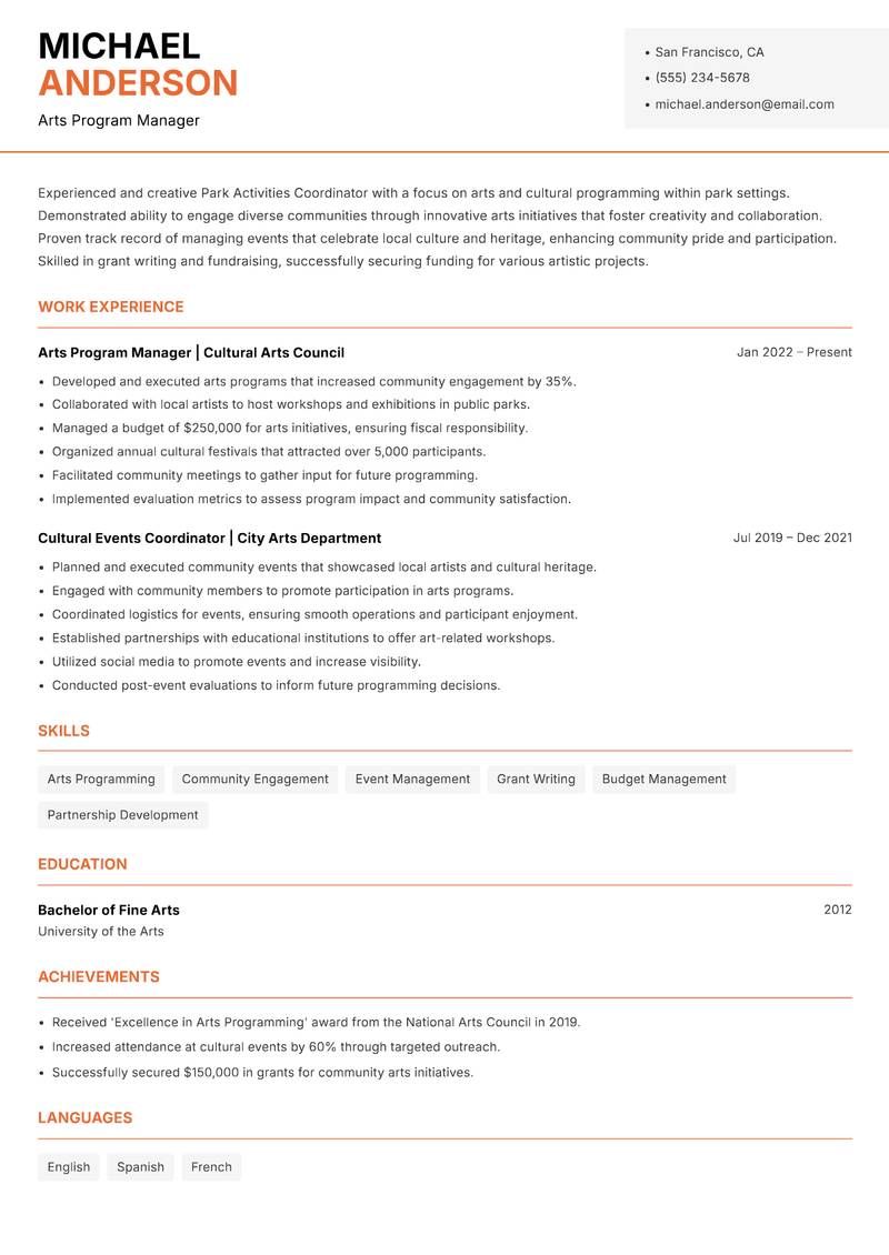 Park Activities Coordinator resume template — Modern Professional