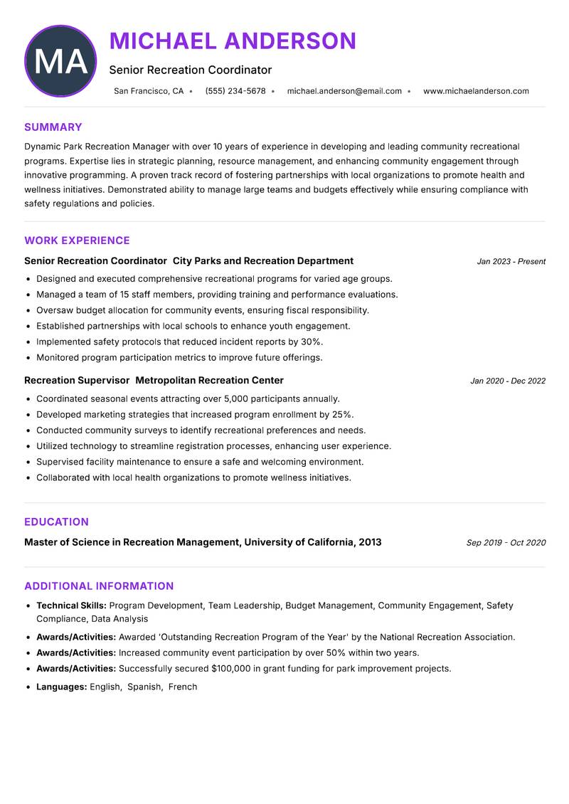Park Recreation Manager resume example — ATS-friendly template