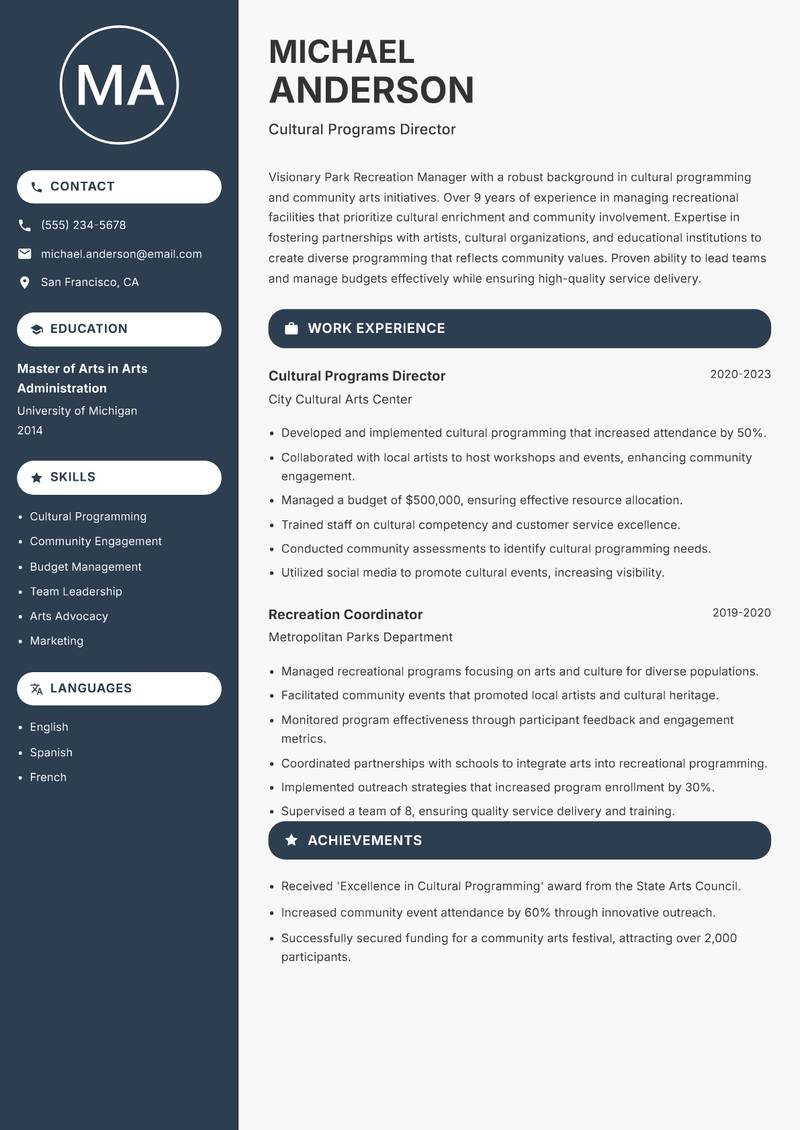 Park Recreation Manager resume template — Compact