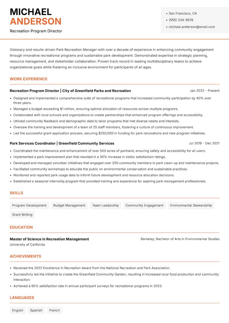 Park Recreation Manager resume template — Modern Professional