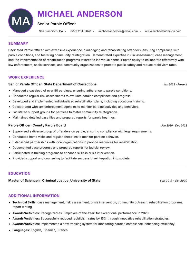 Parole Officer resume example — ATS-friendly template