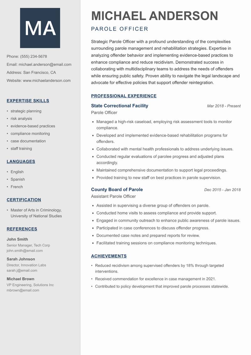 Parole Officer resume template — Creative Minimal