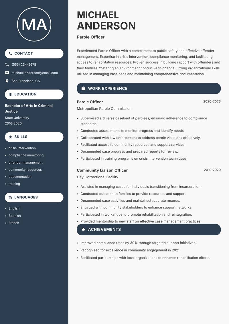 Parole Officer resume template — Compact