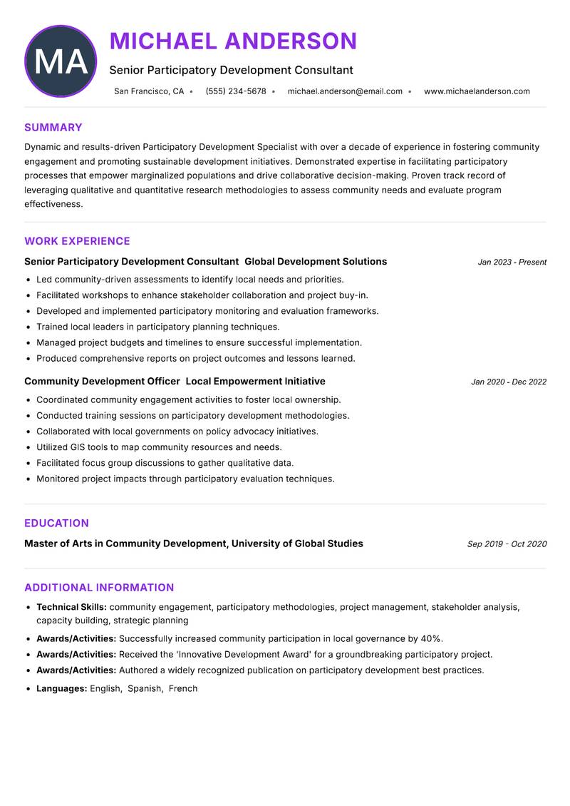 Participatory Development Specialist resume example — ATS-friendly template