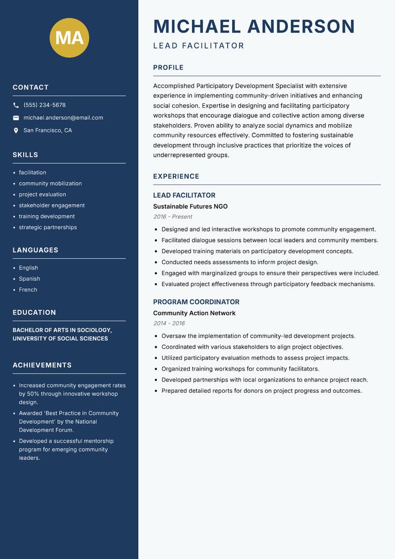 Participatory Development Specialist resume template — Classic Clean
