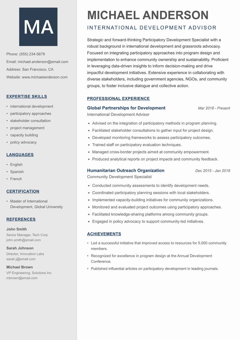 Participatory Development Specialist resume template — Creative Minimal