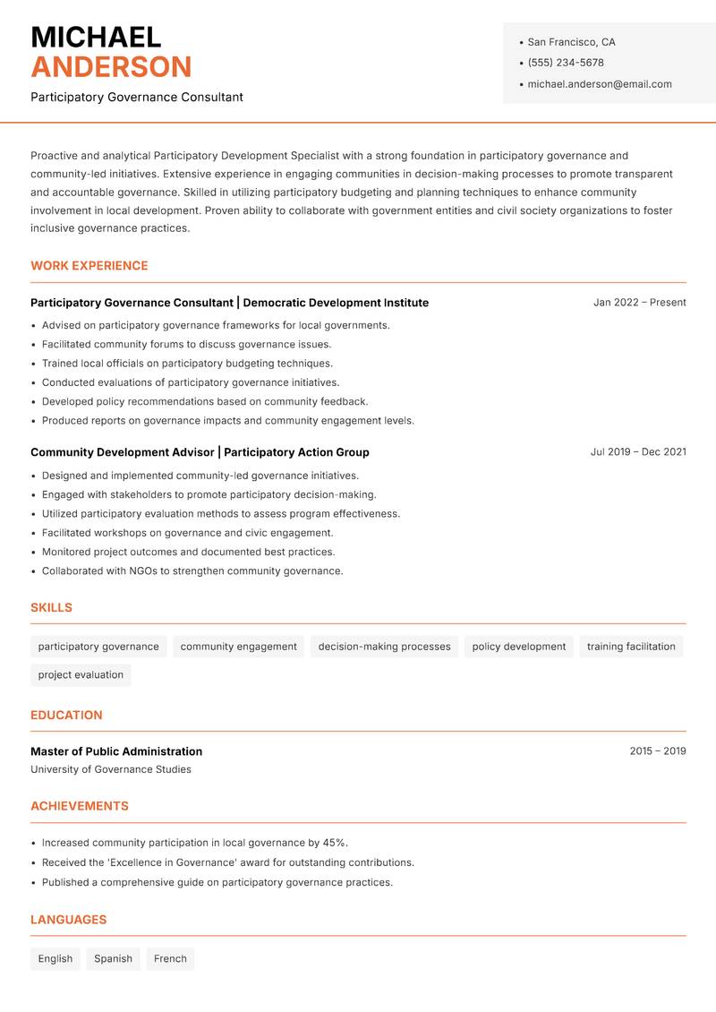 Participatory Development Specialist resume template — Modern Professional