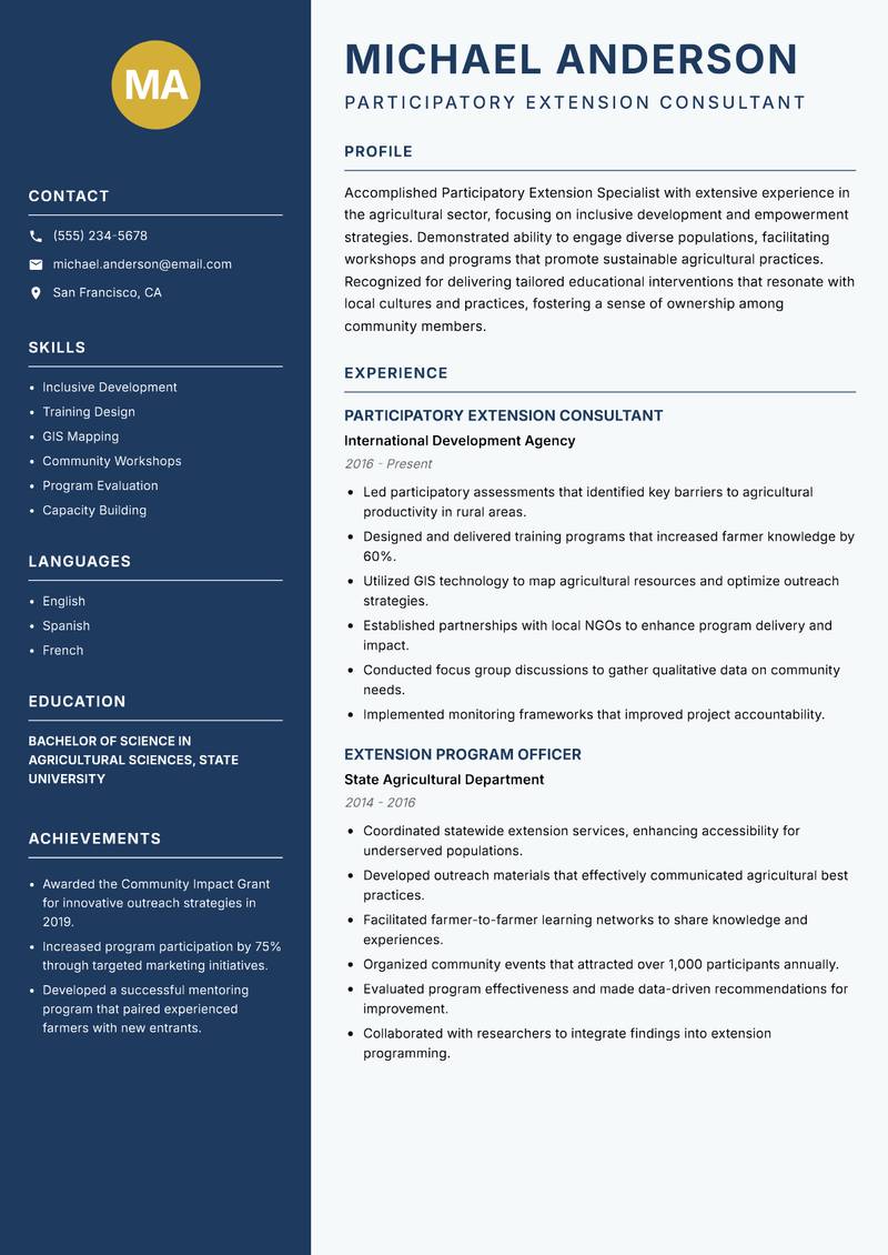 Participatory Extension Specialist resume template — Classic Clean
