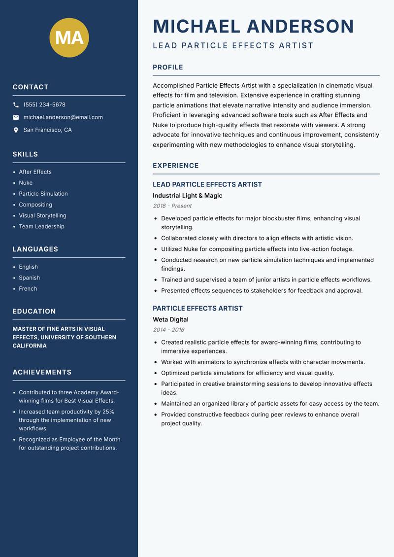 Particle Effects Artist resume template — Classic Clean