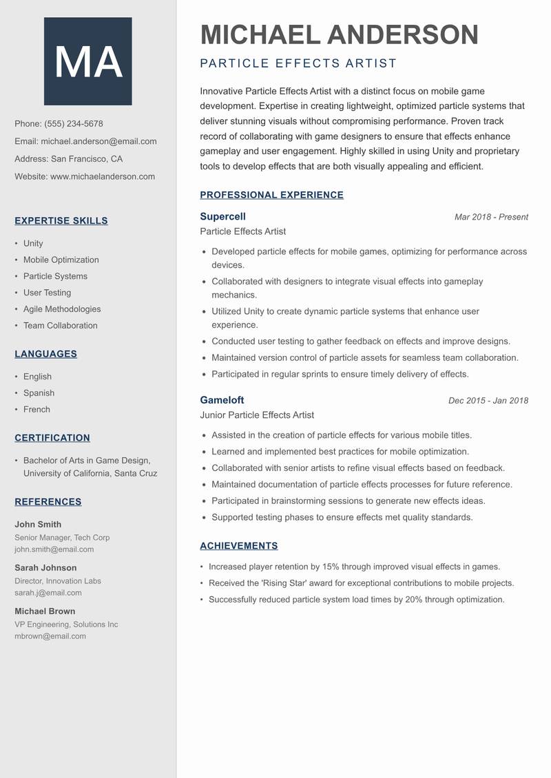 Particle Effects Artist resume template — Creative Minimal