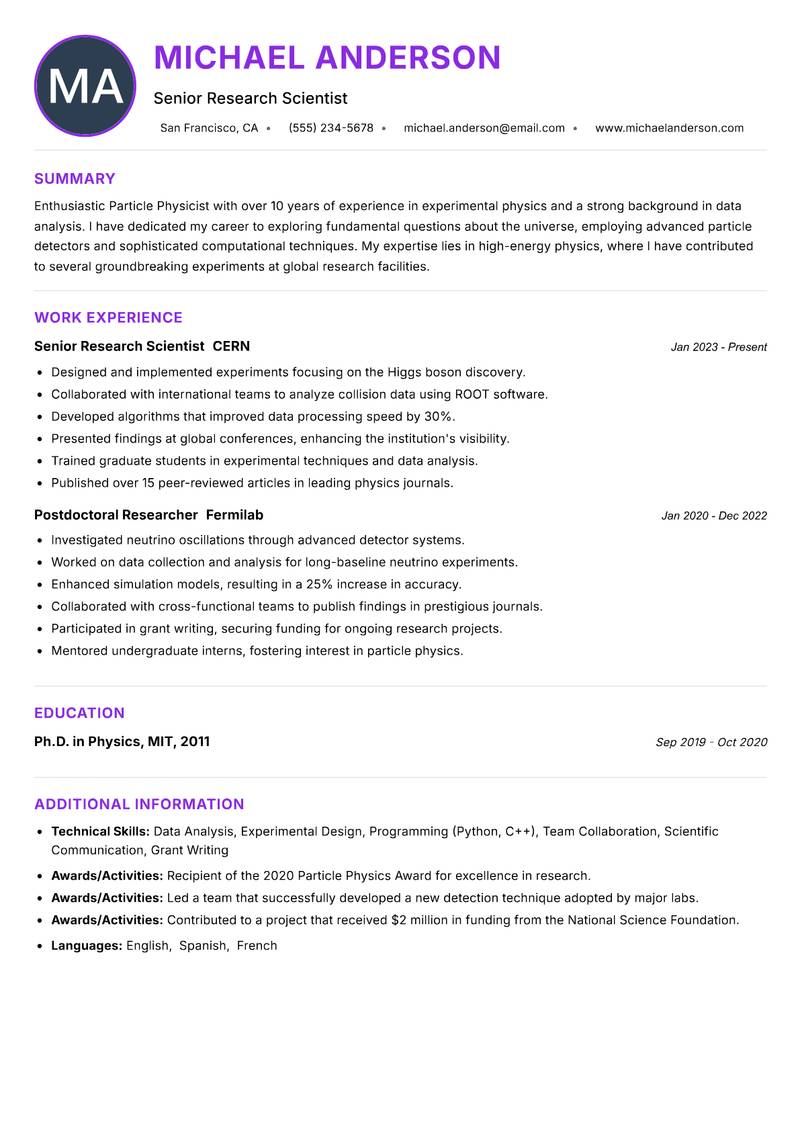 Particle Physicist resume example — ATS-friendly template
