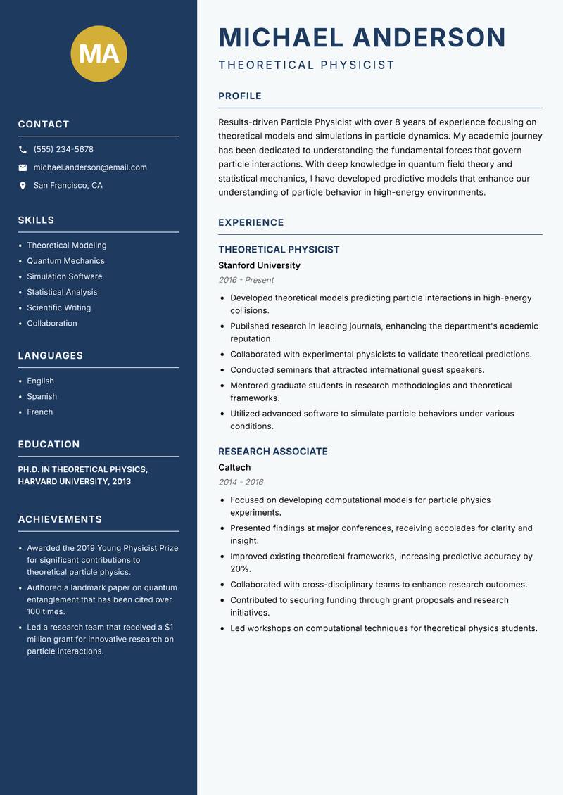 Particle Physicist resume template — Classic Clean