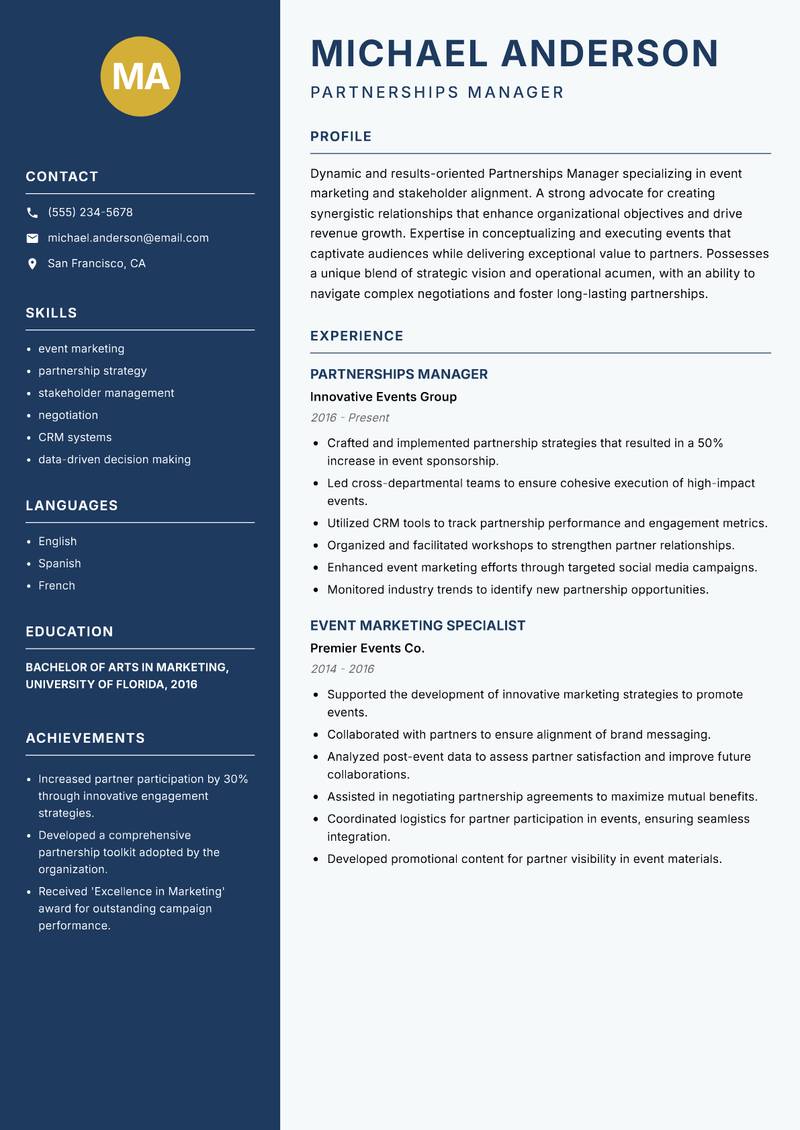 Partnerships Manager Events resume template — Classic Clean