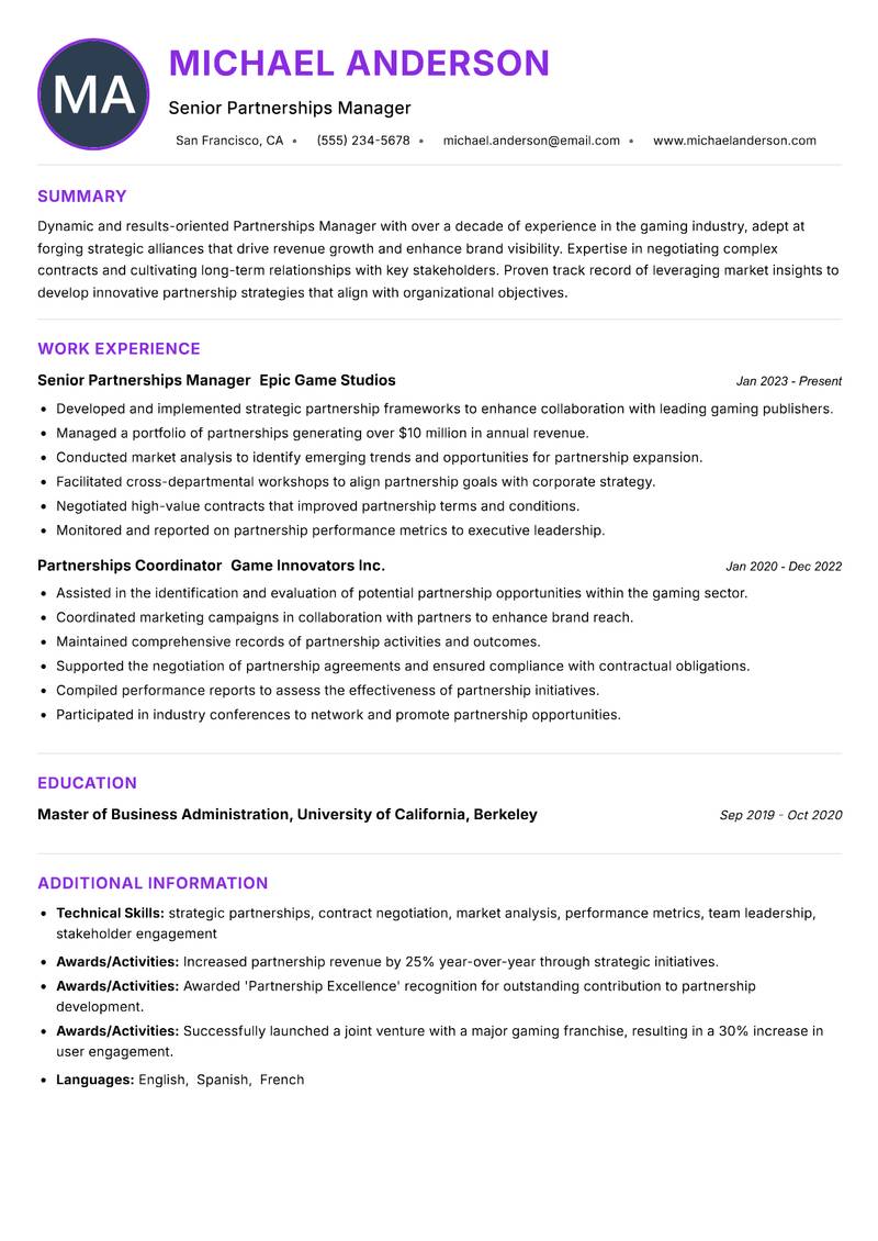 Partnerships Manager Gaming resume example — ATS-friendly template