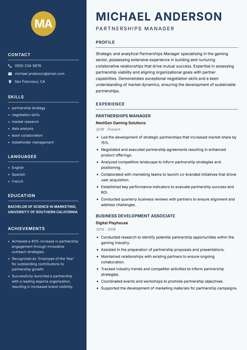 Partnerships Manager Gaming resume template — Classic Clean