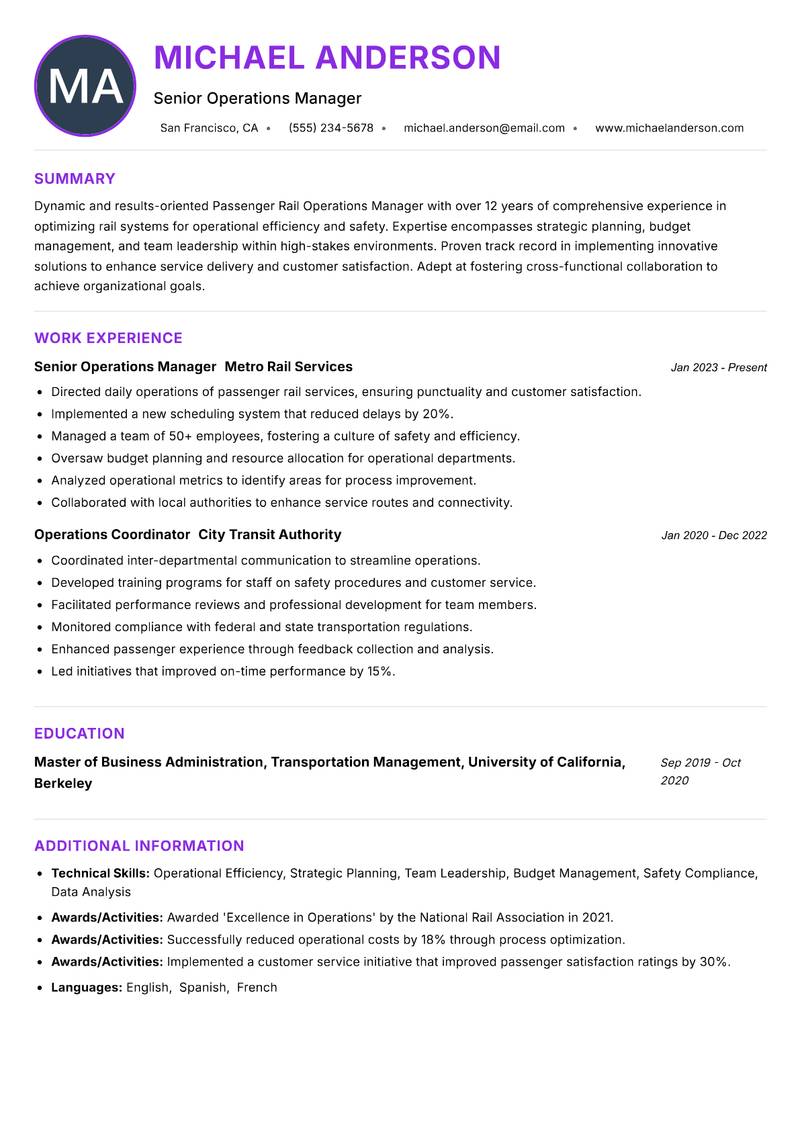 Passenger Rail Operations Manager resume example — ATS-friendly template