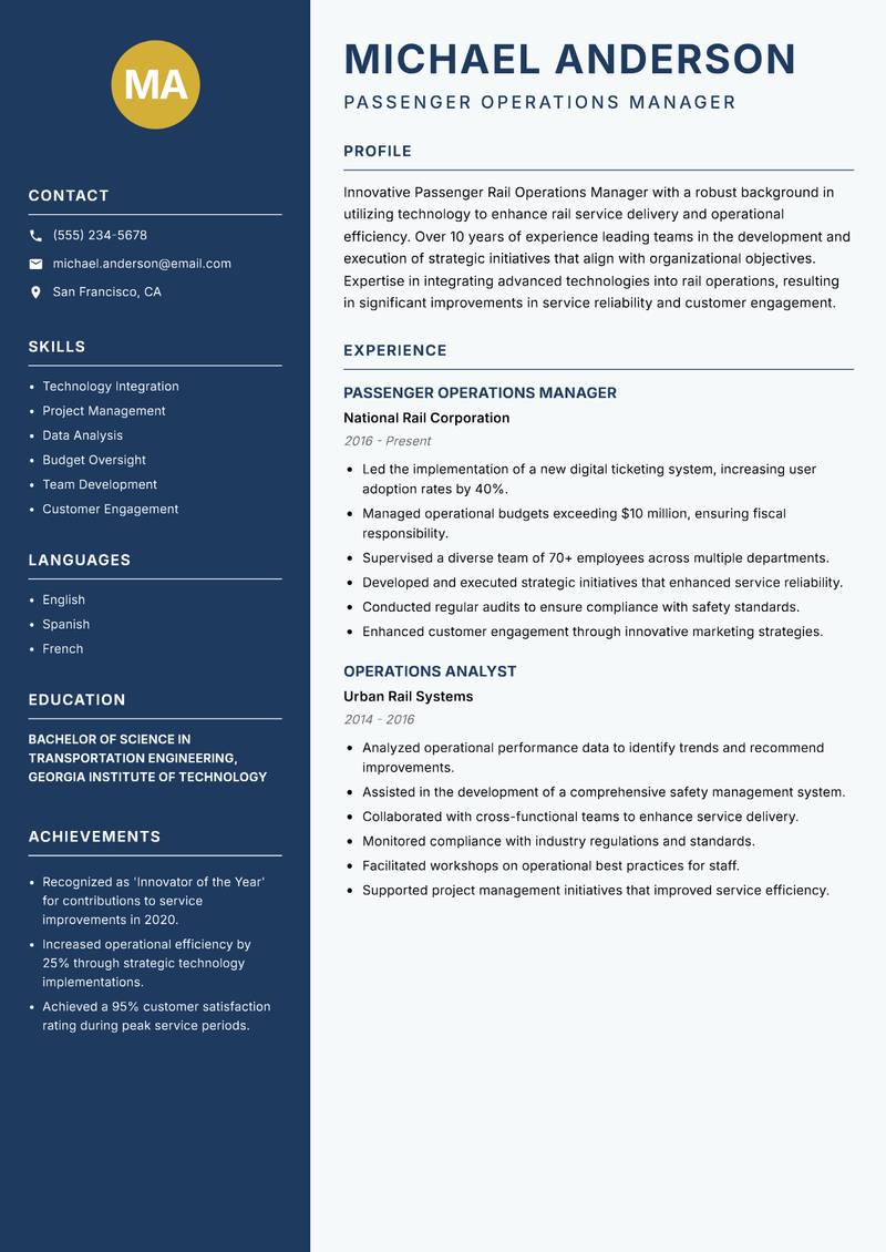 Passenger Rail Operations Manager resume template — Classic Clean